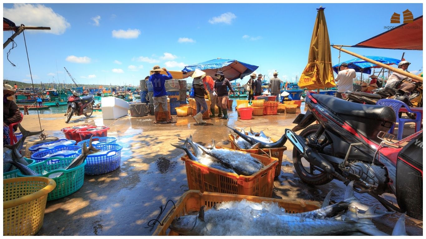 Local fishermen and vendors sorting fresh catch at a bustling Phu Quoc fishing market under a bright blue sky, a top cultural experience for things to do in Phu Quoc