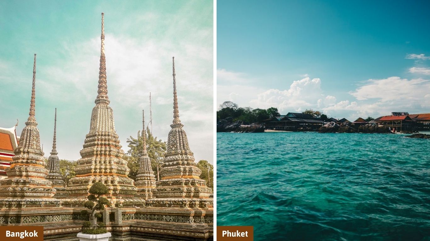 A split-screen image comparing the ornate spires of a Bangkok temple (Wat Arun) with the crystal blue waters and coastal scenery of Phuket, Thailand
