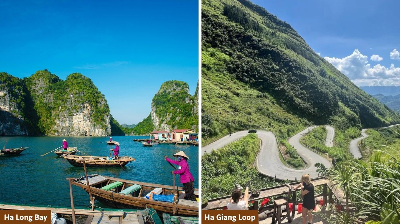 A side-by-side comparison of Ha Long Bay vs Ha Giang Loop showing traditional rowing boats on emerald water and a winding mountain road in Northern Vietnam.