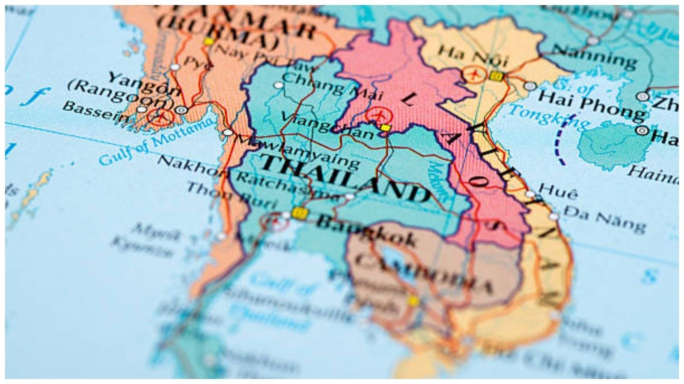 A close-up view of Thailand on a colorful world map, highlighting the country's geography for those researching fun facts about Thailand