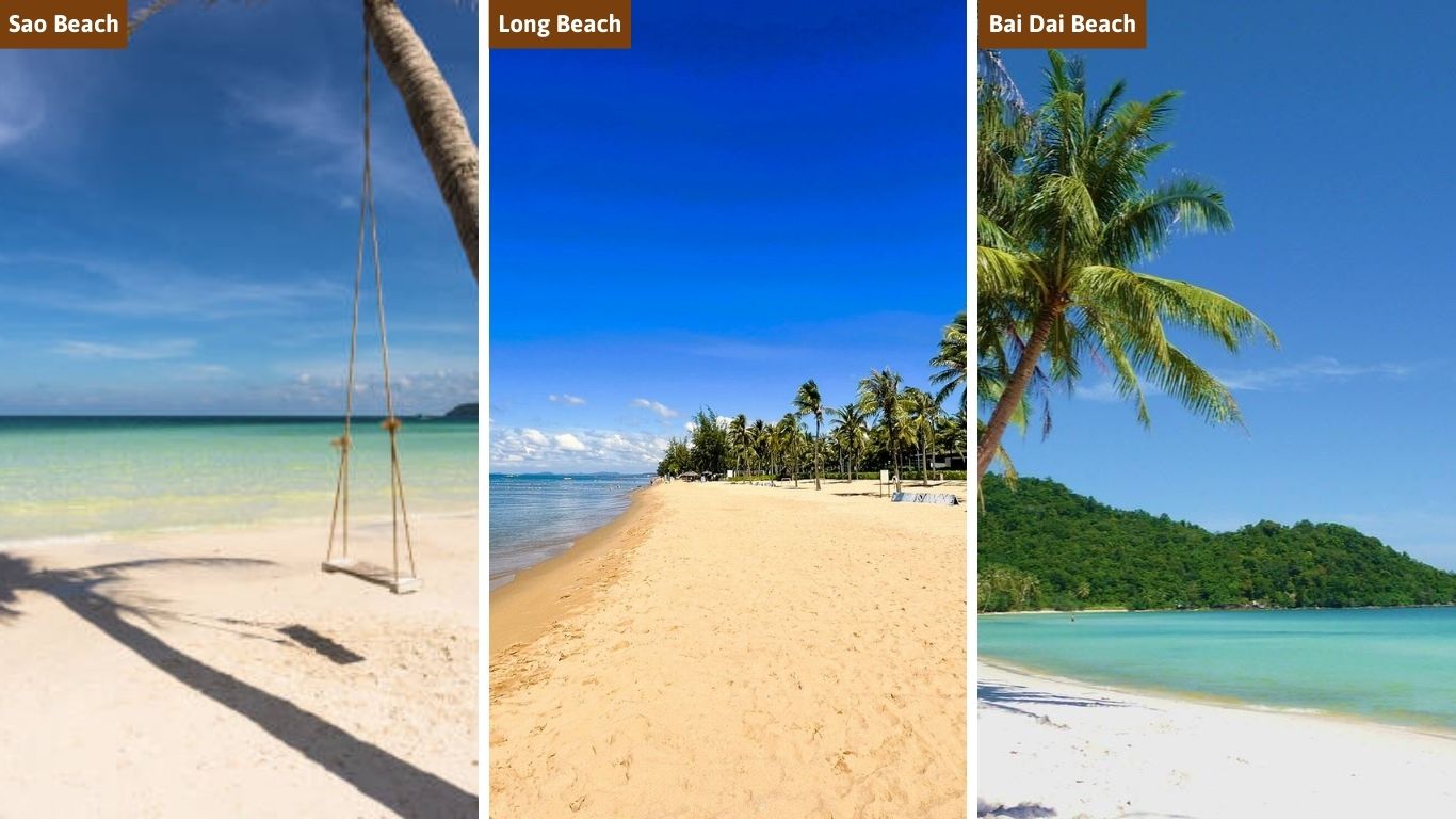 A comparison of the three best beaches in Phu Quoc: Sao Beach with a palm swing, Long Beach with golden sand, and Bai Dai Beach with turquoise water