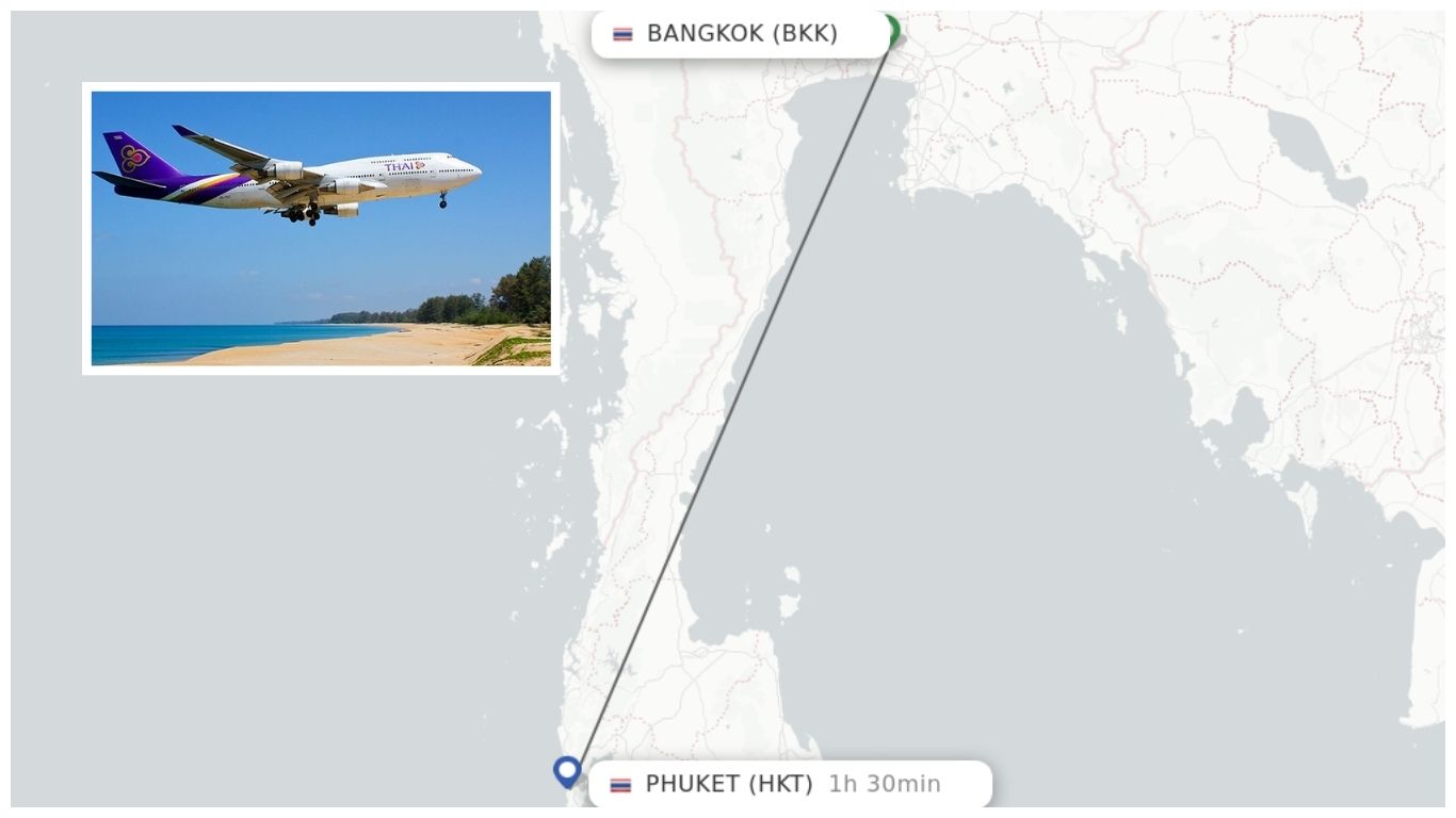 A travel map showing a direct flight route from Bangkok (BKK) to Phuket (HKT) with an estimated flight time of 1 hour and 30 minutes, featuring a Thai Airways airplane over a tropical beach