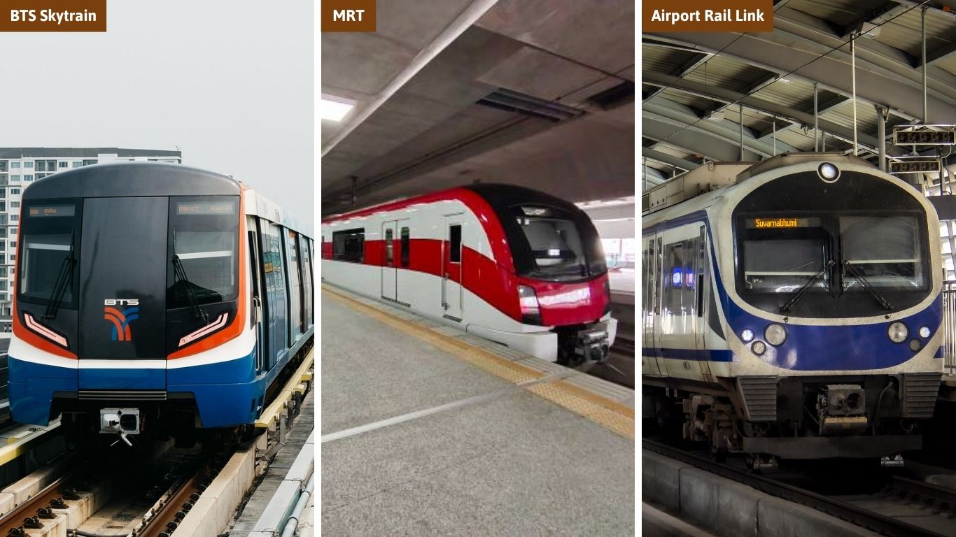 A comparison collage of Bangkok’s rail systems featuring the BTS Skytrain, the MRT underground train, and the Airport Rail Link at their respective stations in Thailand