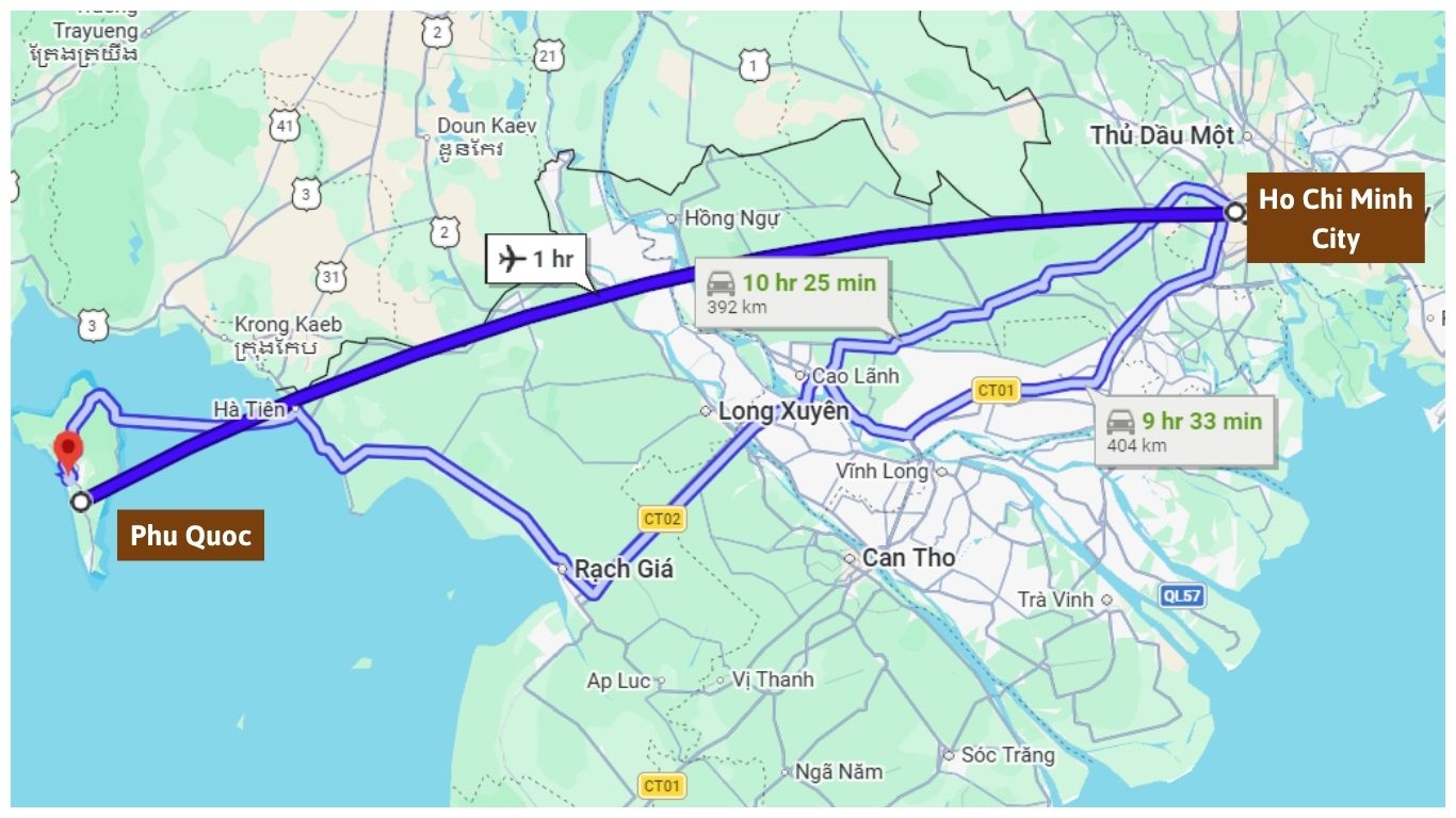 A travel map showing the various routes for how to get to Phu Quoc from Ho Chi Minh, highlighting a 1-hour flight and the 9 to 10-hour driving routes to the ferry piers in Rach Gia and Ha Tien