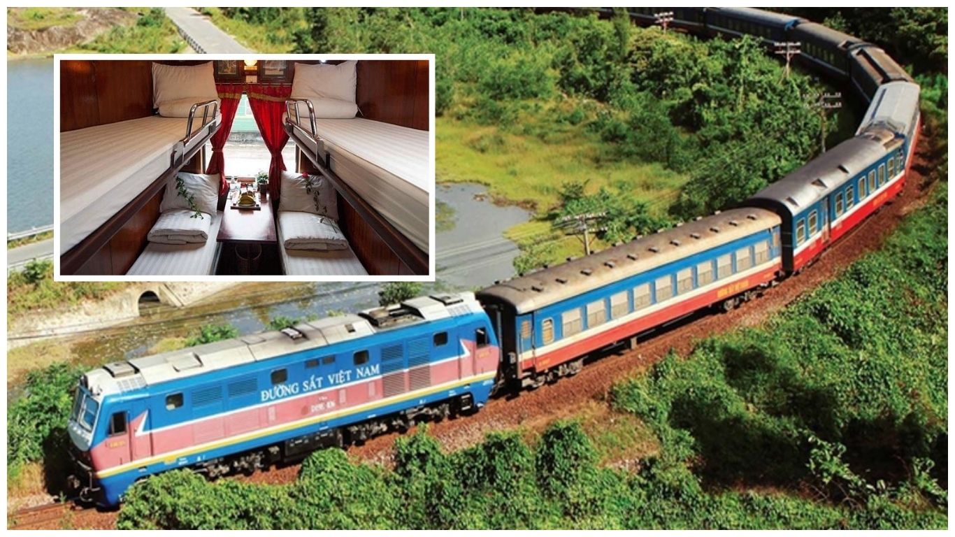 Vietnam Railways overnight train winding through green hills with an inset showing a luxury 4-berth sleeper cabin for the journey from Hanoi to Sapa