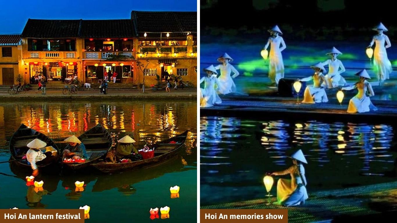 A collage of night activities in Hoi An featuring the Hoi An Lantern Festival with boats on the river and the Hoi An Memories show, highlighting the best things to do in Hoi An at night