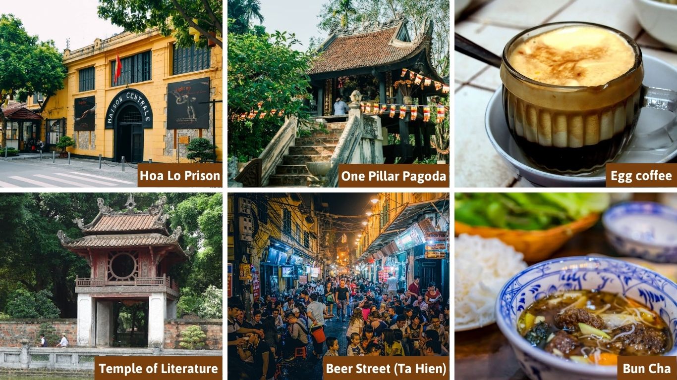 A collage of top Hanoi attractions including Hoa Lo Prison, One Pillar Pagoda, Egg coffee, Temple of Literature, Ta Hien Beer Street, and Bun Cha