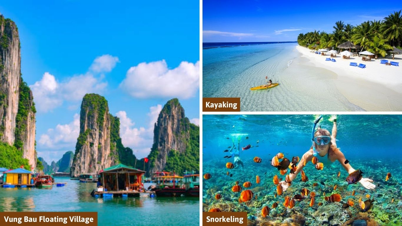 A collage of things to do in Phu Quoc featuring the colorful Vung Bau Floating Village, a person kayaking in crystal clear water, and snorkeling with tropical fish over a coral reef