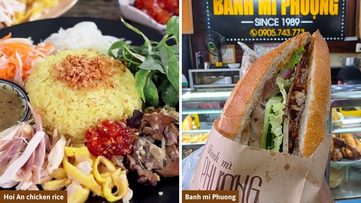 A collage of famous local food including Hoi An chicken rice (Com Ga) and Banh mi Phuong, representing the best things to do in Hoi An for food lovers