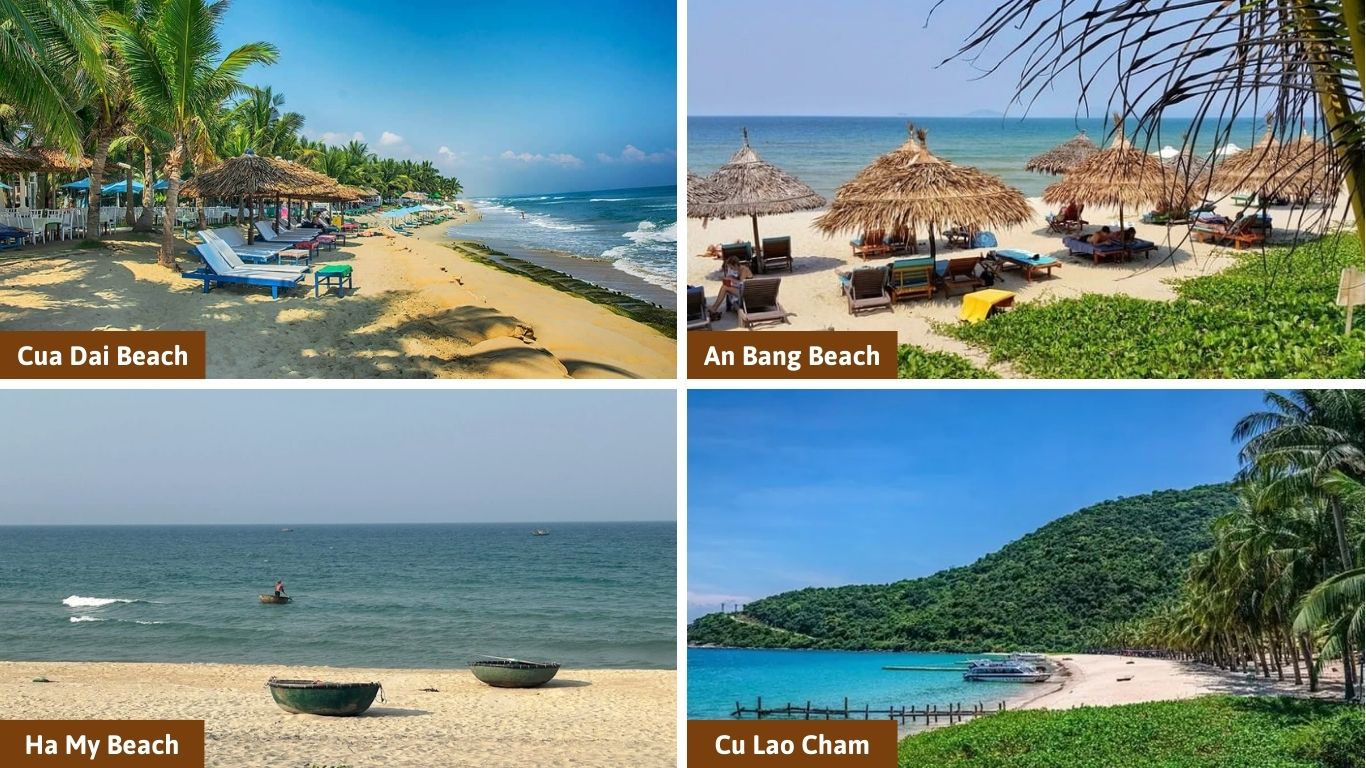 A collage of the top beaches in Hoi An, featuring Cua Dai Beach, An Bang Beach, Ha My Beach, and the tropical shores of Cu Lao Cham (Cham Island) in Vietnam