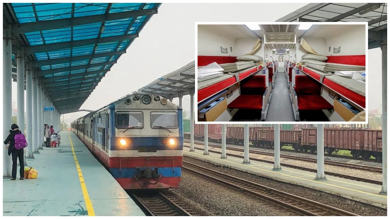 A Thai sleeper train arriving at a station platform, with an inset photo showing the interior of a clean, comfortable bunk bed cabin for overnight travel in Thailand