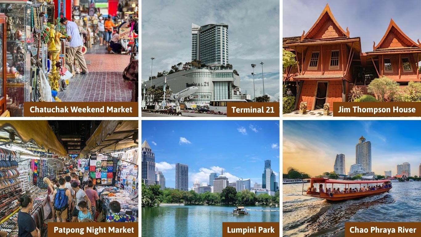 A collage of top attractions near the Bangkok Skytrain, including Chatuchak Weekend Market, Terminal 21 Mall, Jim Thompson House, Patpong Night Market, Lumpini Park, and the Chao Phraya River