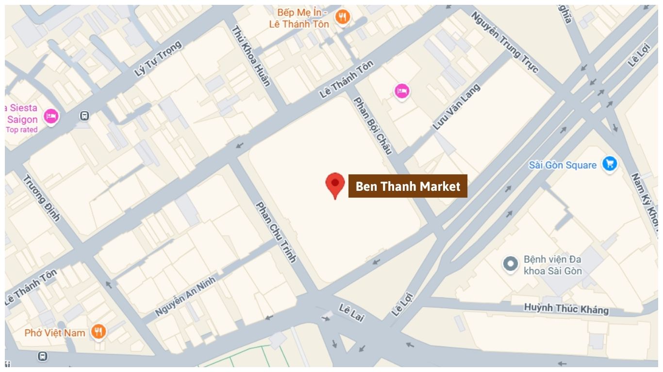 Map showing Ben Thanh Market in Ho Chi Minh City location and surrounding streets
