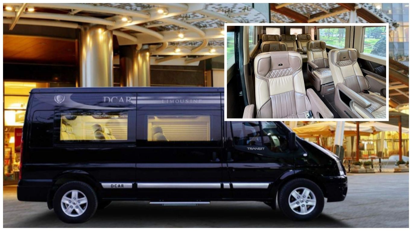 A luxury DCar Limousine van for the Hanoi to Sapa route featuring an inset of the premium leather reclining seats and spacious interior