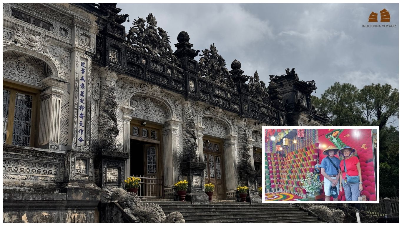 Tourists visiting the intricate Khai Dinh Tomb in Hue, a key cultural stop on a professional Central Vietnam itinerary
