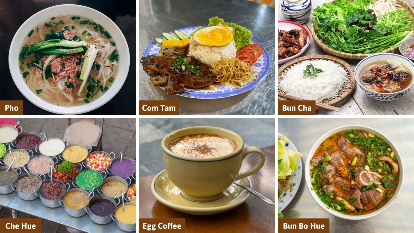 A collage of popular Vietnamese dishes and drinks including Pho beef noodle soup, Com Tam broken rice, Bun Cha, colorful Che Hue dessert toppings, creamy Egg Coffee, and spicy Bun Bo Hue