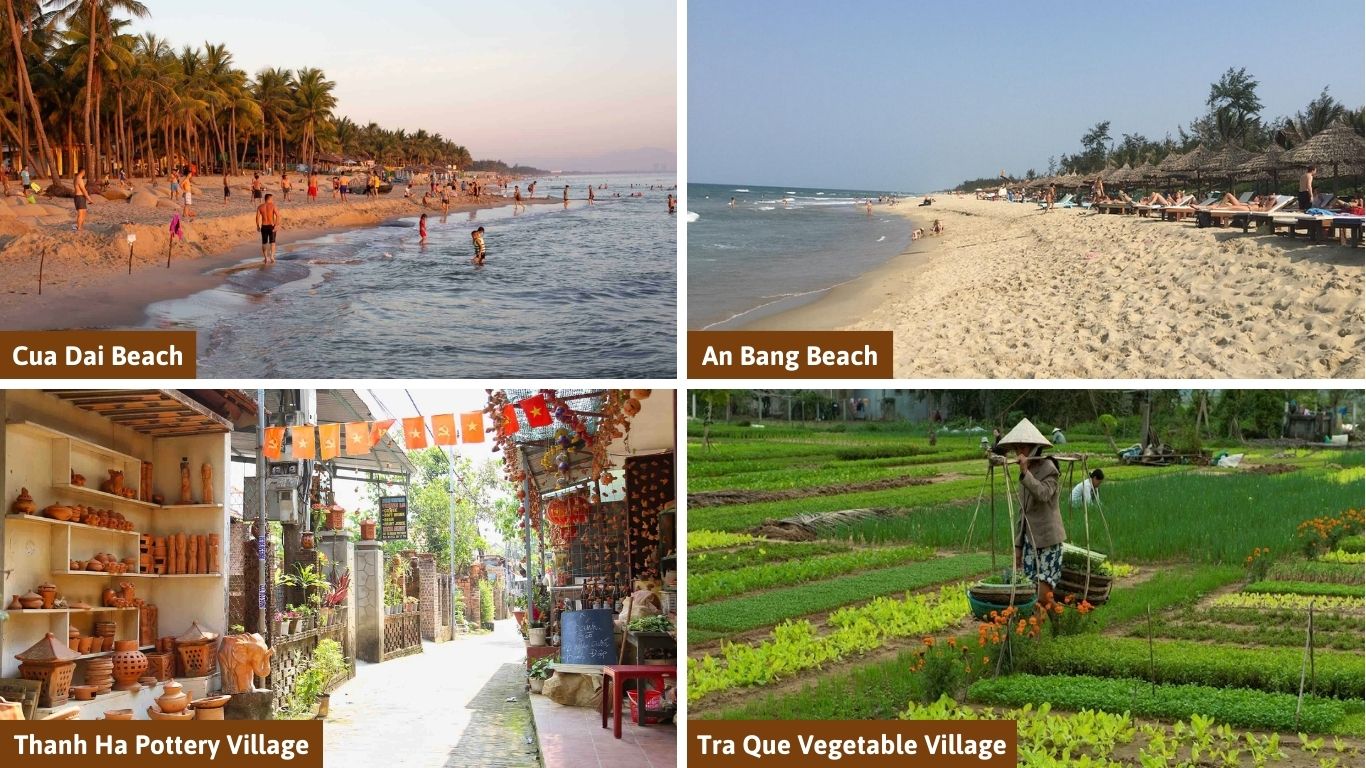 A travel collage featuring Cua Dai Beach, An Bang Beach, Thanh Ha Pottery Village, and Tra Que Vegetable Village, highlighting the best things to do in Hoi An beyond the city center