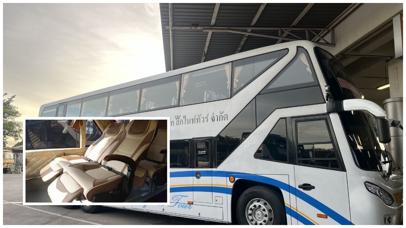 A large white and blue double-decker VIP bus in Thailand, with an inset image showing comfortable, reclining leather seats with leg rests for long-distance travel