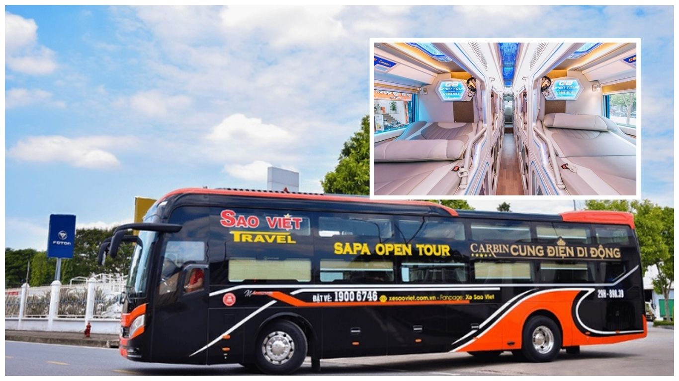 A modern Sao Viet sleeper bus for the Hanoi to Sapa route with an inset showing the private interior cabin beds for budget-friendly travel