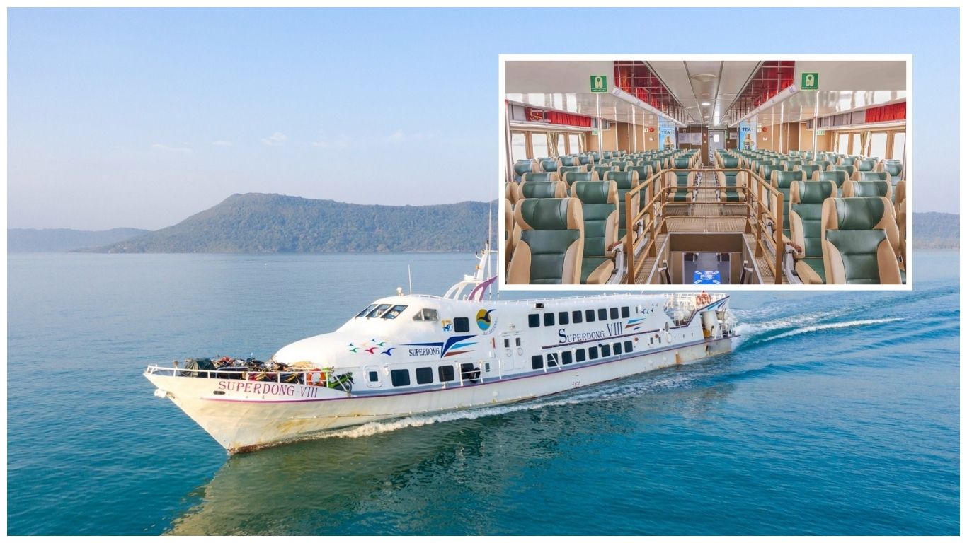 A white Superdong VIII ferry sailing on turquoise water toward Phu Quoc, with an inset showing the spacious and air-conditioned interior seating for travelers choosing how to get to Phu Quoc from Ho Chi Minh
