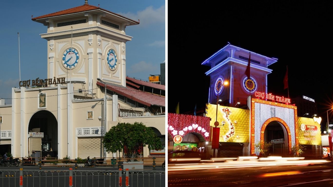 A side-by-side comparison of Ben Thanh Market in Ho Chi Minh City showing the bustling indoor stalls during the day and the vibrant outdoor street food and clothing stalls at the night market