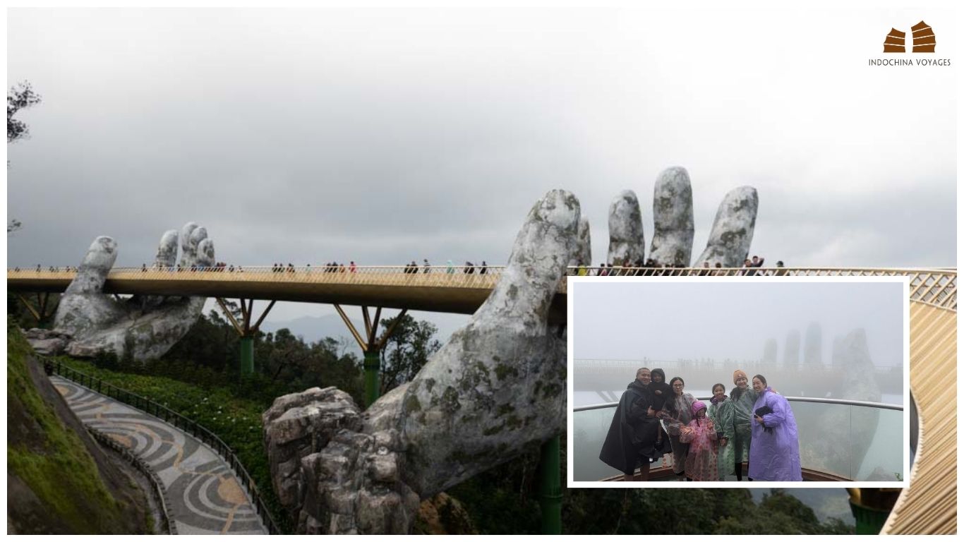 Tourists posing at the famous Golden Bridge (Cau Vang) in Ba Na Hills, Da Nang—a highlight of any modern Central Vietnam itinerary