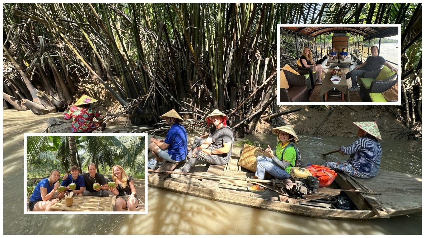 Travelers exploring the Mekong Delta by traditional boat, a popular day trip from Ho Chi Minh City
