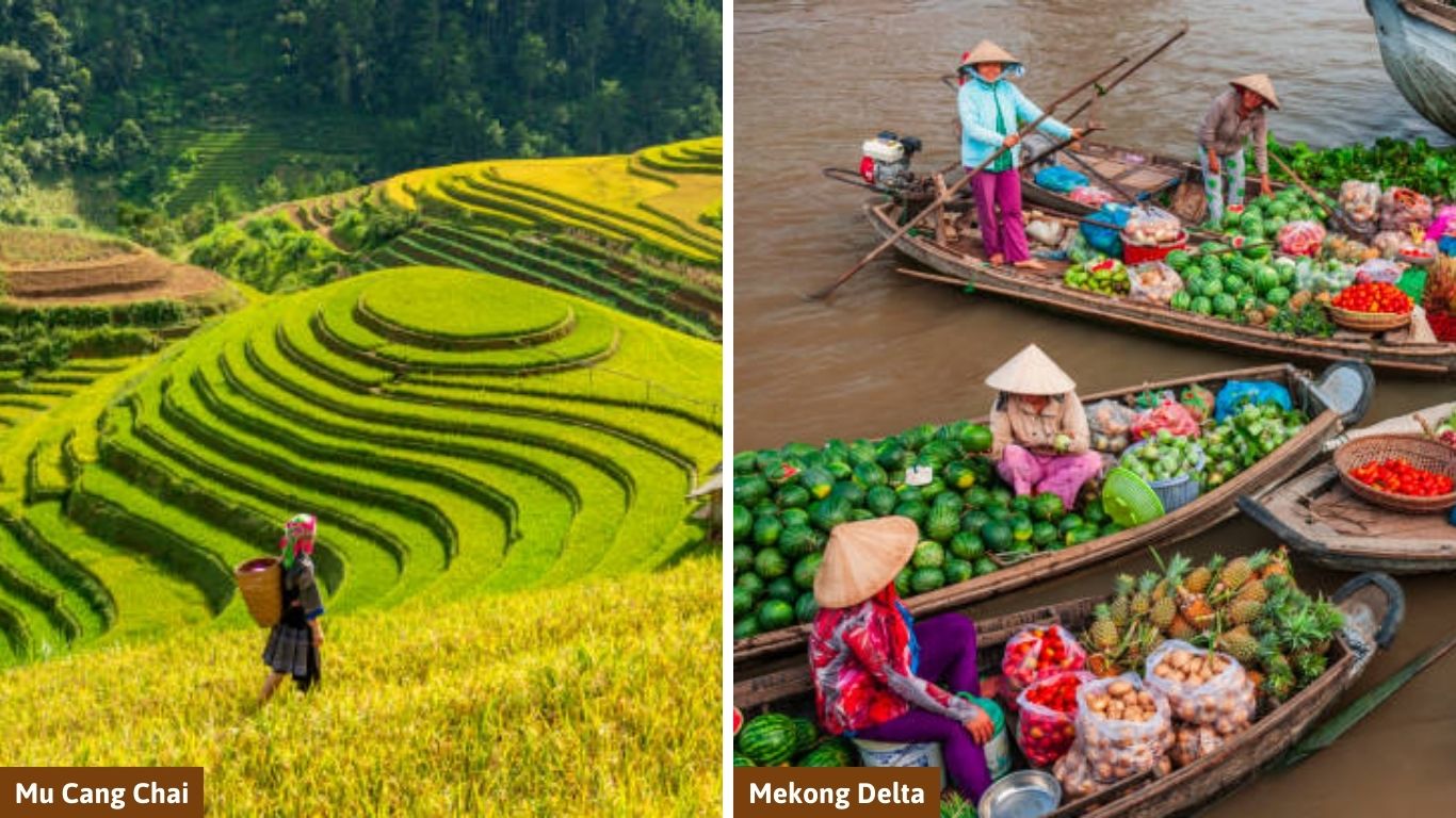 For this stunning split-image featuring the terraced fields and the floating markets, the focus is on the "too good to be true" nature of Vietnam's geography