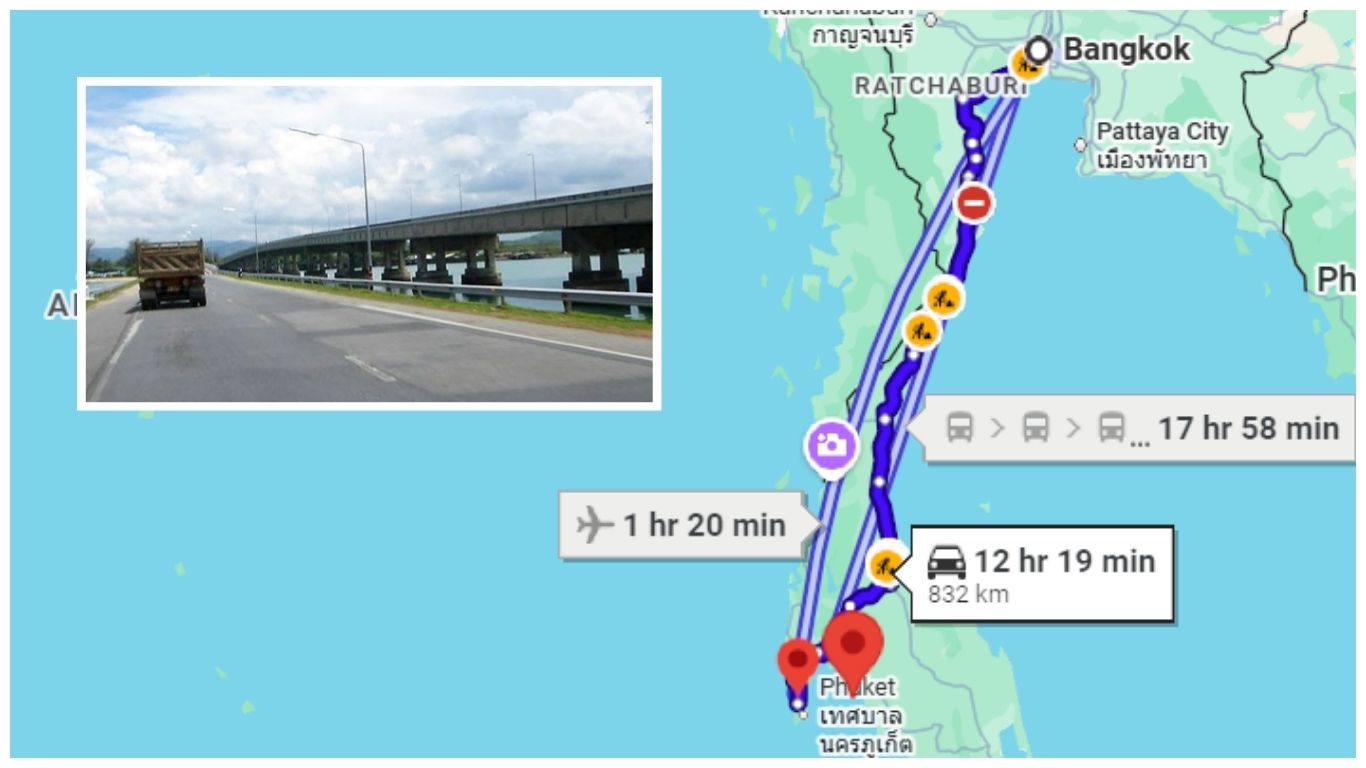 A Google Maps route showing the drive from Bangkok to Phuket with an estimated travel time of 12 hours and 19 minutes (832 km), alongside a photo of the Sarasin Bridge connecting the mainland to Phuket