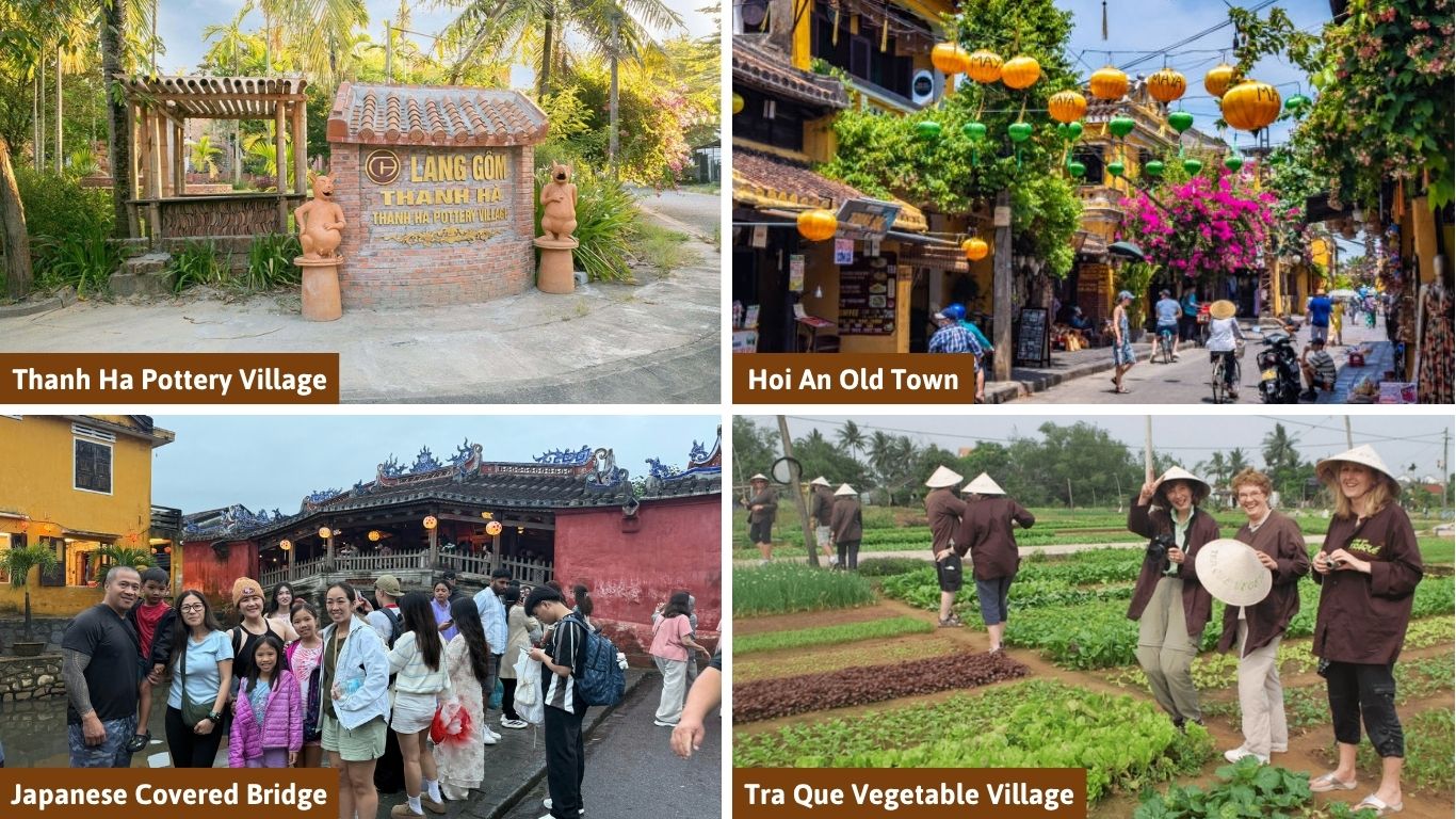 A four-image collage showing a perfect Hoi An itinerary: the entrance to Thanh Ha Pottery Village Hoi An, a street in Hoi An Old Town with lanterns, the Japanese Covered Bridge, and tourists at Tra Que Vegetable Village