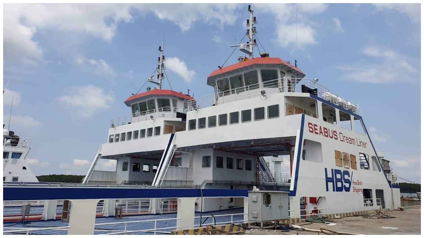A large white SeaBus Dream Liner ferry by Hoa Binh Shipping docked at the pier, providing a shorter sea crossing option for those traveling on how to get to Phu Quoc from Ho Chi Minh