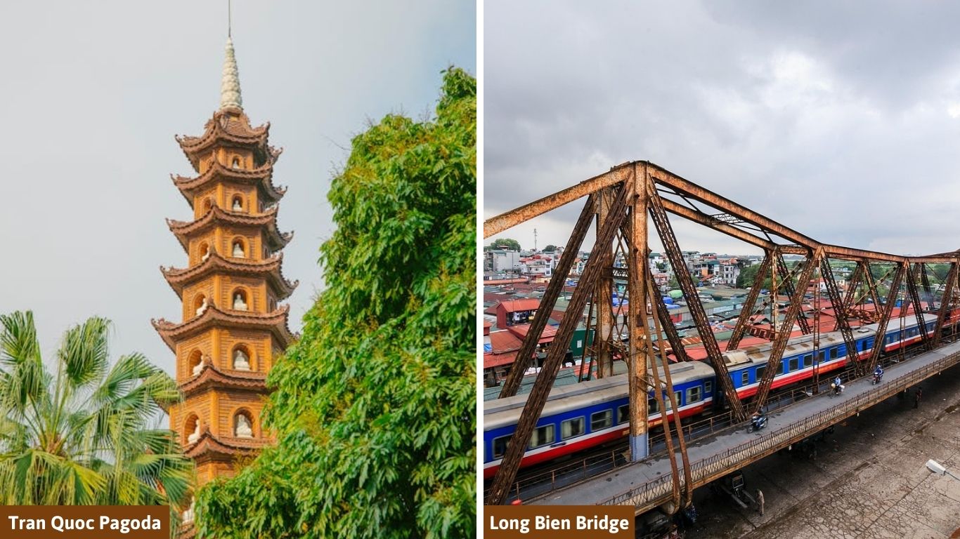 A side-by-side view of the historic Tran Quoc Pagoda by West Lake and a blue train crossing the rusty steel Long Bien Bridge in Hanoi