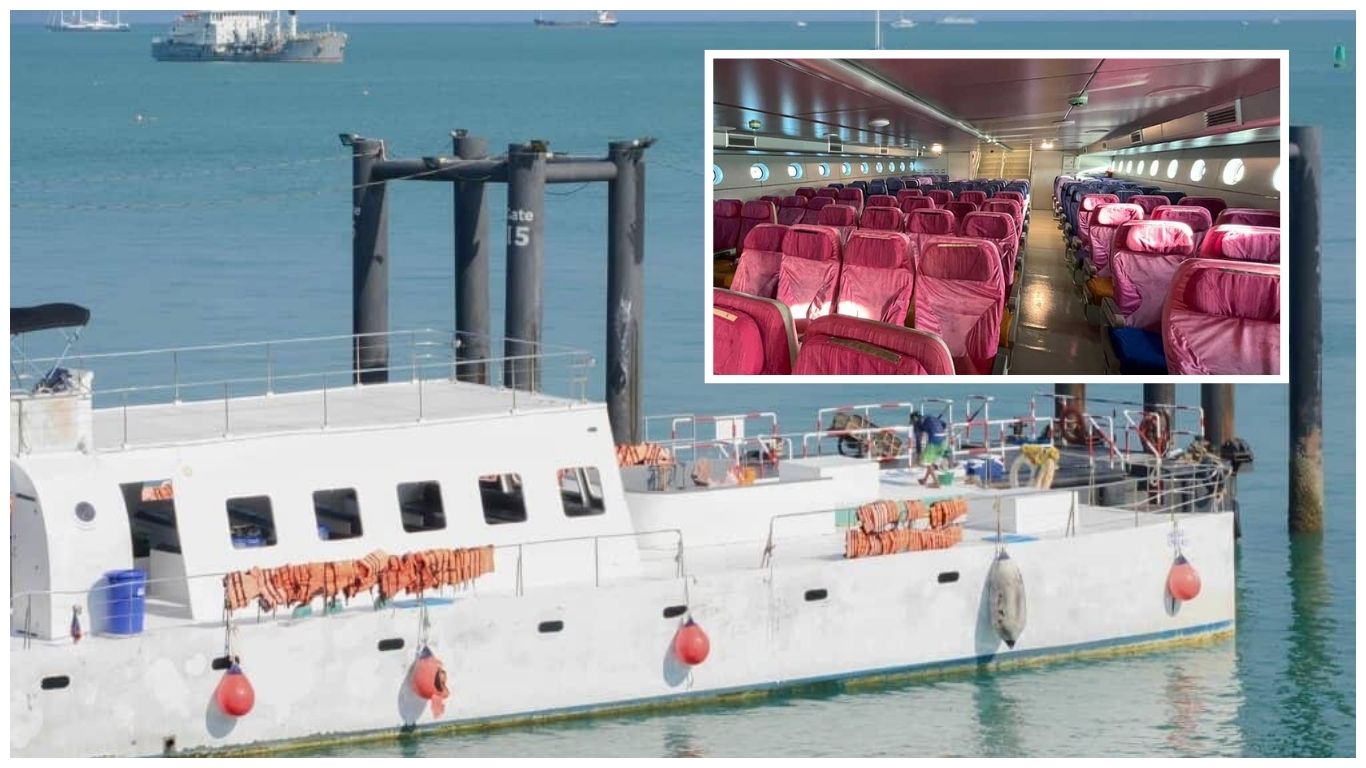 A large white passenger ferry docked in the turquoise waters of Thailand, with an inset photo showing the interior cabin featuring rows of comfortable pink and purple seats for sea travel