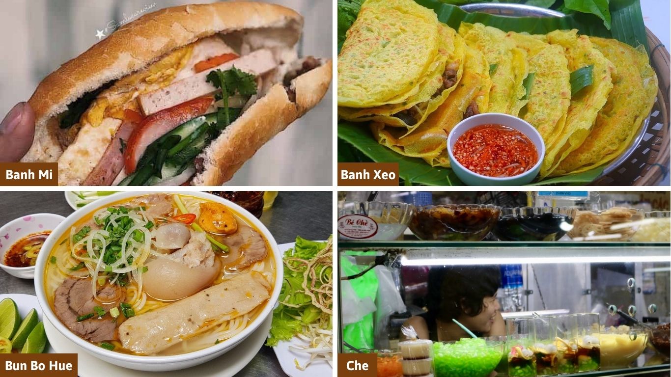 A collage of popular Vietnamese street foods found at Ben Thanh Market in Ho Chi Minh City, including Banh Mi, Banh Xeo, Bun Bo Hue, and sweet Che dessert