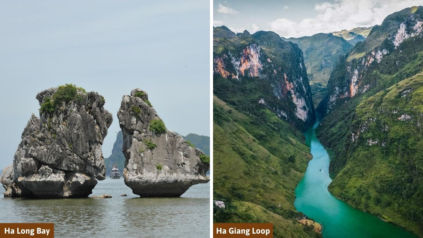 A comparison image for Ha Long Bay vs Ha Giang Loop showing luxury cruise ships on the left and an aerial view of winding mountain roads and rice terraces on the right