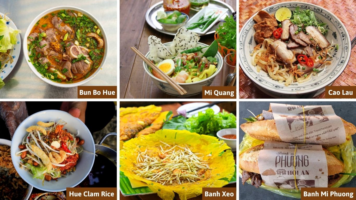 A collection of famous dishes to try on a Central Vietnam itinerary, including Bun Bo Hue, Mi Quang, Cao Lau, Hue Clam Rice, Banh Xeo, and Banh Mi Phuong