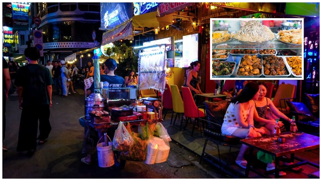A bustling street food stall in Saigon at night with an inset showing various Vietnamese dishes, perfect for fueling up before day trips from Saigon