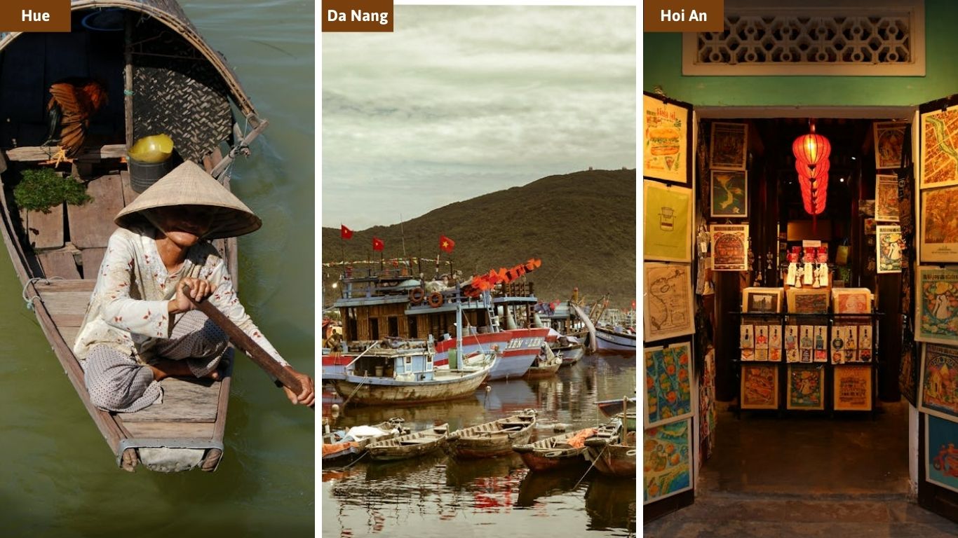 A collage featuring local life in Hue, fishing boats in Da Nang, and a lantern-lit shop in Hoi An, curated experiences for a professional Central Vietnam itinerary