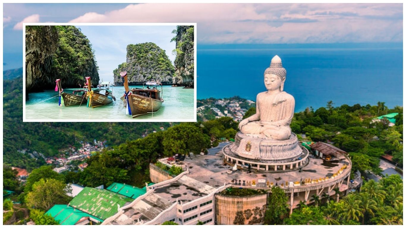 An aerial view of the white marble Big Buddha statue on a hilltop overlooking the sea in Phuket, with an inset photo of traditional Thai long-tail boats anchored in a turquoise bay
