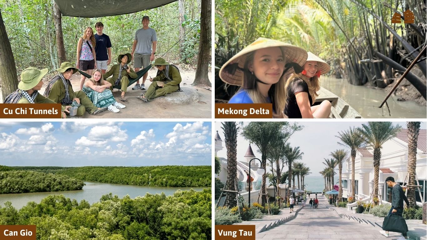 A four-image collage comparing the top day trips from Saigon: Cu Chi Tunnels, Mekong Delta, Can Gio Mangroves, and Vung Tau beach