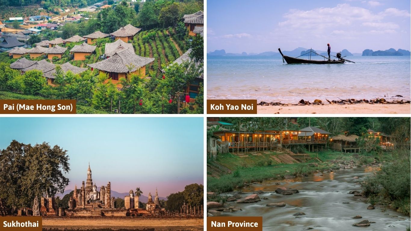 A collage of four best places to visit in Thailand for off-the-beaten-path experiences: the tea plantations of Pai, the quiet shores of Koh Yao Noi, the ancient ruins of Sukhothai, and the riverside retreats in Nan Province
