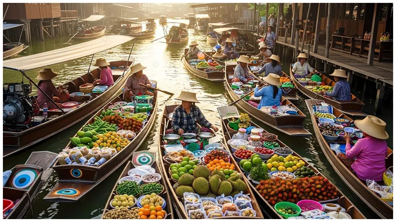 A bustling floating market in Thailand, one of the best places to visit in Thailand, with traditional wooden boats filled with colorful tropical fruits like durian and rambutan