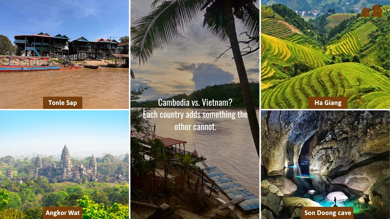 Collage of Tonle Sap stilt houses, Angkor Wat, Ha Giang rice terraces and Son Doong cave in Cambodia and Vietnam