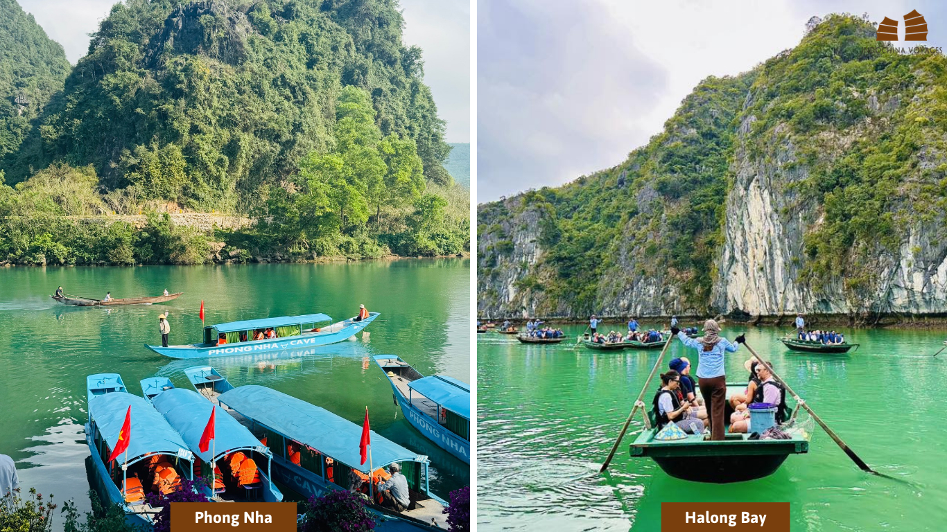 Phong Nha Cave tourist boats on the Son River beside Halong Bay rowing boat among limestone cliffs
