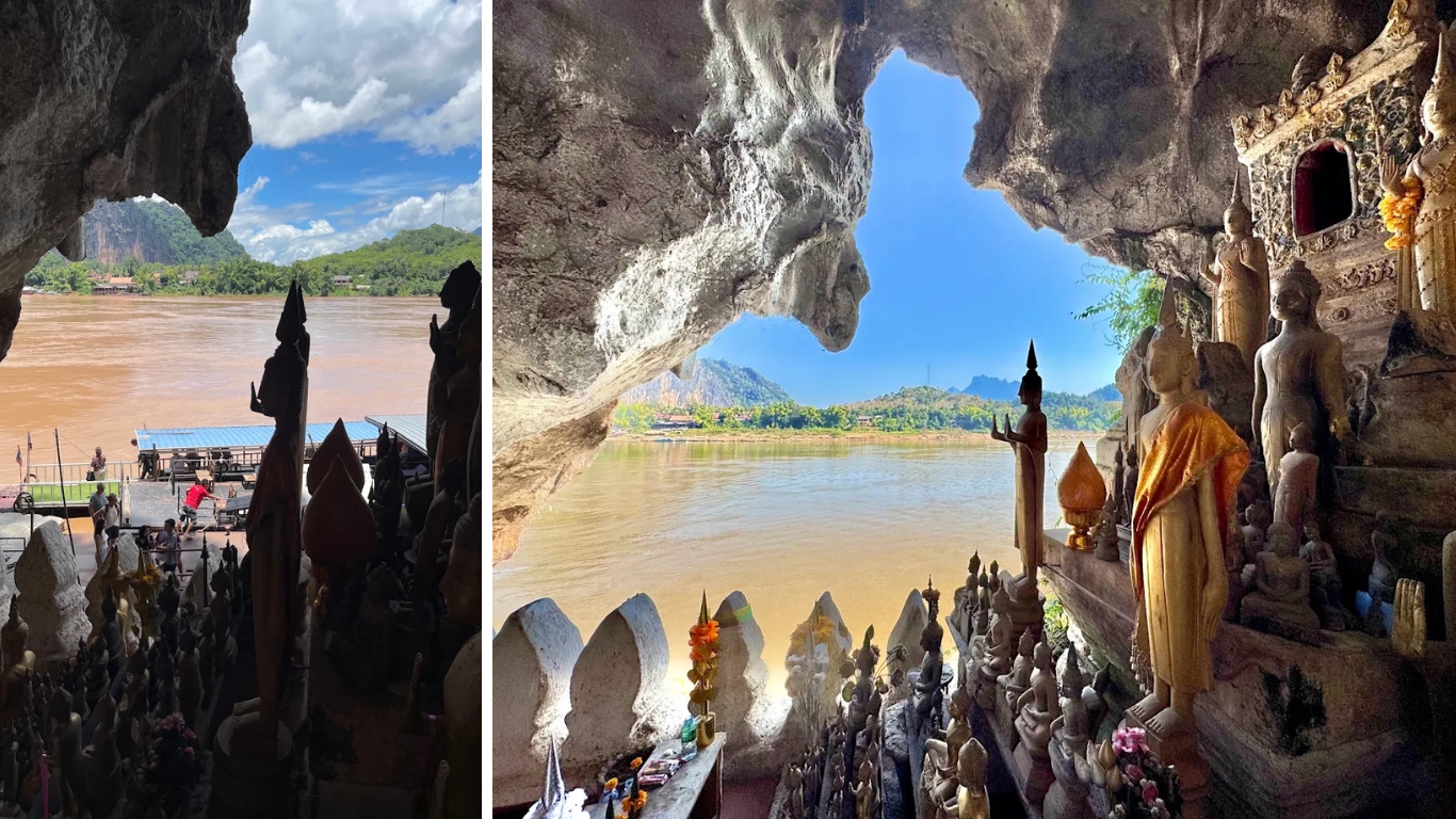 Pak Ou Caves Buddha statues, Mekong River view, Luang Prabang boat cruise