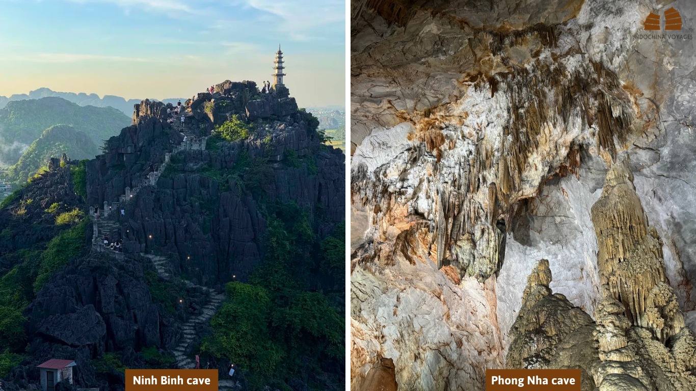 Ninh Binh limestone peak with pagoda stairway beside Phong Nha Cave stalactite formations