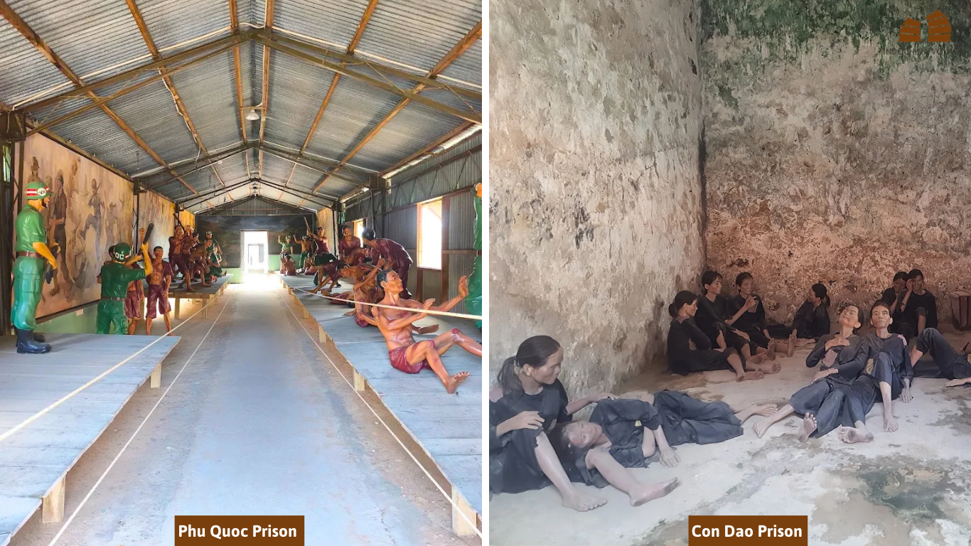 Museum figures of prisoners inside Phu Quoc Prison barracks beside a Con Dao Prison cell display, history sites in Con Dao vs Phu Quoc