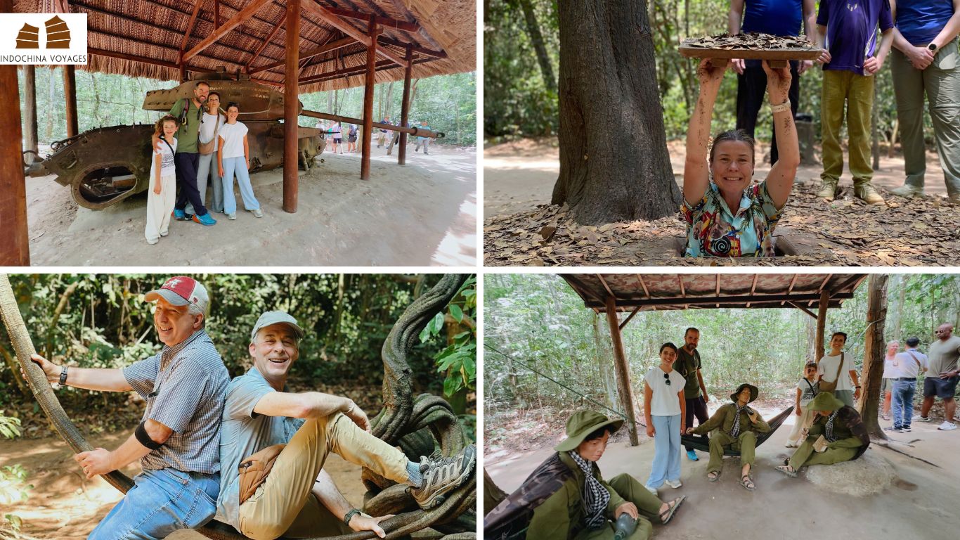 Family and senior travelers exploring Cu Chi Tunnels tank display, entrance trapdoor, and forest trails