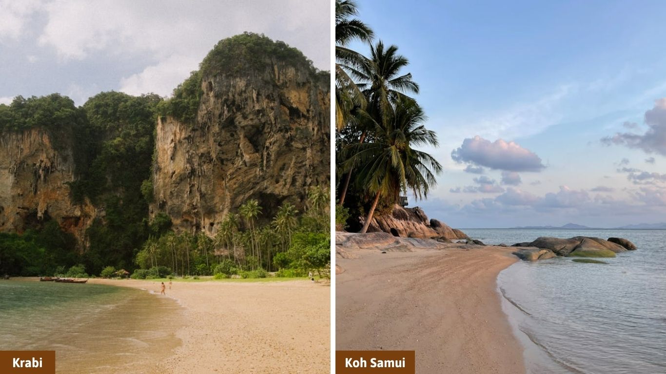 A side-by-side beach comparison for Krabi vs Koh Samui: the left panel shows the towering limestone cliffs and sandy shores of Krabi, while the right panel highlights the calm tropical waters and leaning palm trees of Koh Samui.