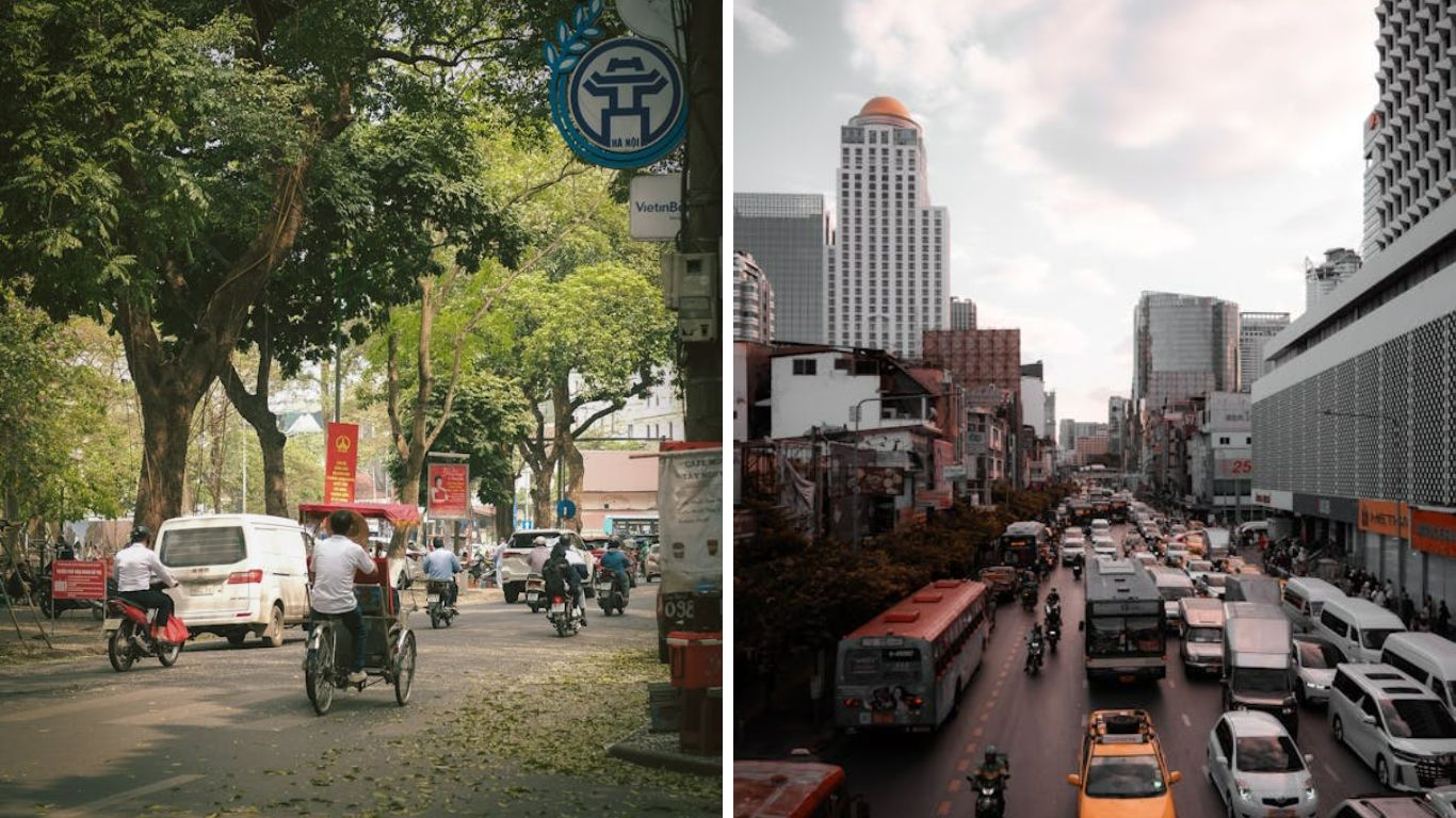 A side-by-side comparison of Hanoi or Bangkok cityscapes: the left shows a tree-lined street in Hanoi with a cyclo and motorbikes, while the right shows a high-density urban road in Bangkok with skyscrapers and heavy traffic